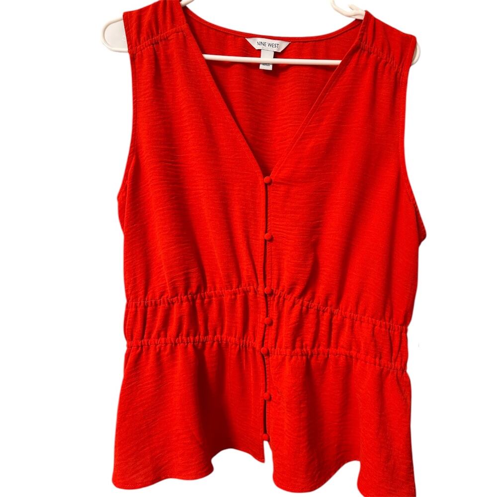 Nine West Sleeveless Blouse Top Red Button Front Peplum Elastic Waist Sz large - Picture 2 of 6